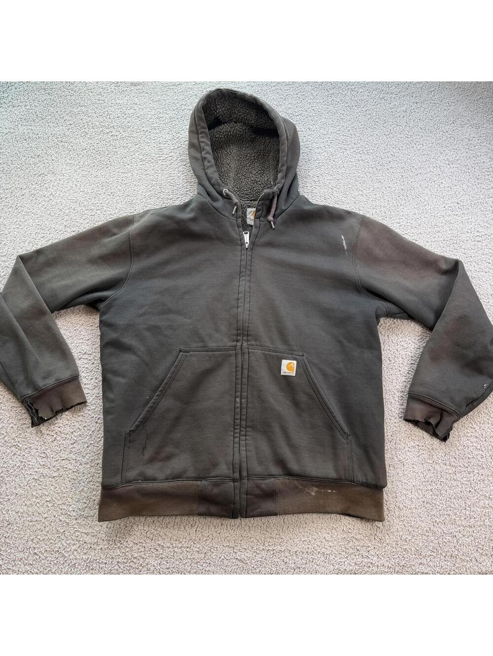 Carhartt Sherpa Lined Zip Hoodie Brown Faded Distressed Workwear Jacket L 100072